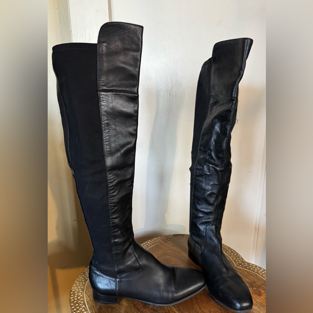 Louise Et Cie Andora Knee High 50/50 two tone leather flat riding boot noir goth - Picture 6 of 12
